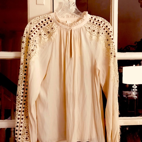 Ramy Brook NWT Blouse with Lace and studded Sleeves. Color is Bone. - Picture 1 of 14